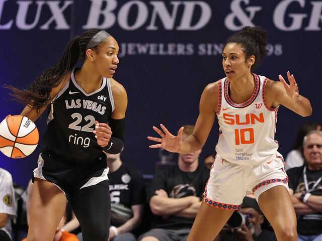 UNCASVILLE, CT - JULY 6: A'ja Wilson #22 of the Las Vegas Aces drives to the basket during the game against the Connecticut Sun on July 6, 2025 at the Mohegan Sun Arena in Uncasville, Connecticut. Mandatory Copyright Notice: Copyright 2025 NBAE