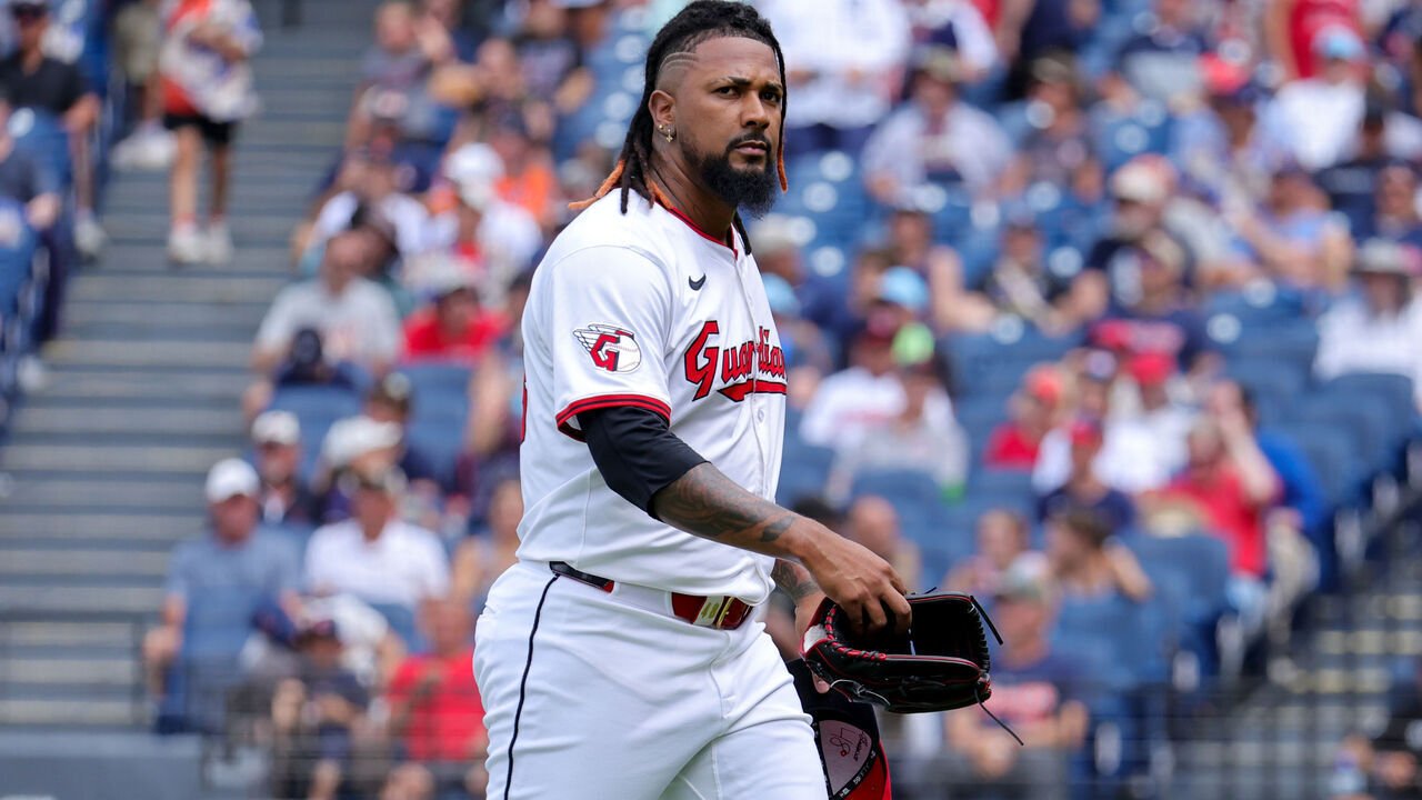 CLEVELAND, OH - JULY 06: Cleveland Guardians relief pitcher Emmanuel Clase (48) reacts as he leaves the mound following the ninth inning of the Major League Baseball game between the Detroit Tigers and Cleveland Guardians on July 6, 2025, at Progressive Field in Cleveland, OH.
