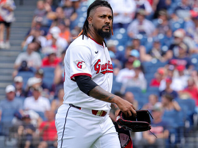 CLEVELAND, OH - JULY 06: Cleveland Guardians relief pitcher Emmanuel Clase (48) reacts as he leaves the mound following the ninth inning of the Major League Baseball game between the Detroit Tigers and Cleveland Guardians on July 6, 2025, at Progressive Field in Cleveland, OH.