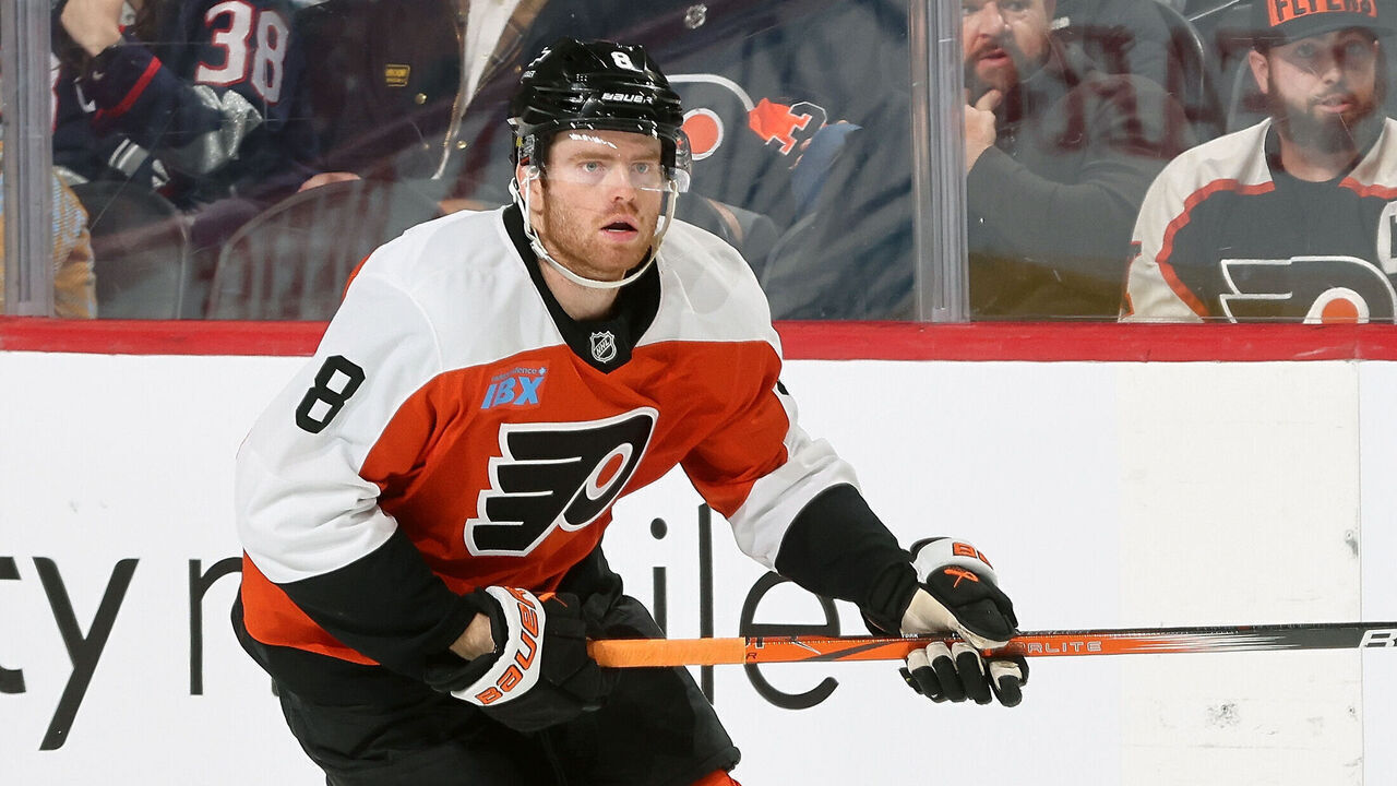 PHILADELPHIA, PENNSYLVANIA - APRIL 15: Cam York #8 of the Philadelphia Flyers skates the puck against the Columbus Blue Jackets at the Wells Fargo Center on April 15, 2025 in Philadelphia, Pennsylvania.