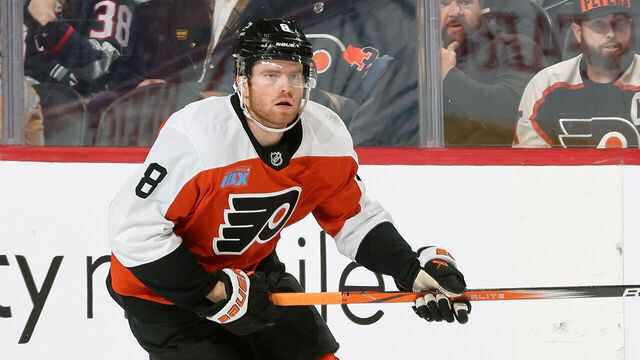 PHILADELPHIA, PENNSYLVANIA - APRIL 15: Cam York #8 of the Philadelphia Flyers skates the puck against the Columbus Blue Jackets at the Wells Fargo Center on April 15, 2025 in Philadelphia, Pennsylvania.