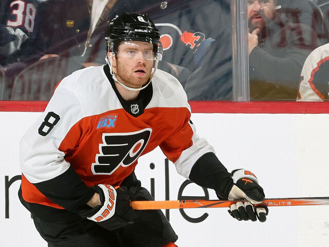 PHILADELPHIA, PENNSYLVANIA - APRIL 15: Cam York #8 of the Philadelphia Flyers skates the puck against the Columbus Blue Jackets at the Wells Fargo Center on April 15, 2025 in Philadelphia, Pennsylvania.