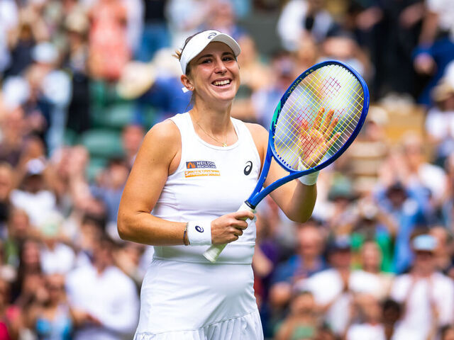 LONDON, ENGLAND - JULY 07: Belinda Bencic of Switzerland reacts to defeating Ekaterina Alexandrova in the fourth round on Day Eight of The Championships Wimbledon 2025 at All England Lawn Tennis and Croquet Club on July 07, 2025 in London, England
