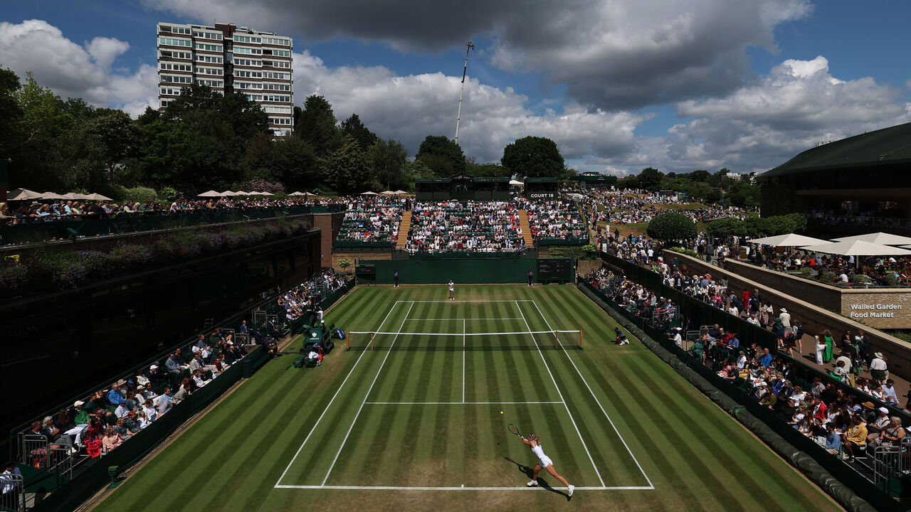 LONDON, ENGLAND - JULY 07: A general view over Court 18 as Hannah Klugman of Great Britain plays a forehand against Anastasija Cvetkovic of Serbia during the Girl's Singles second round match on day eight of The Championships Wimbledon 2025 at All England Lawn Tennis and Croquet Club on July 07, 2025 in London, England.
