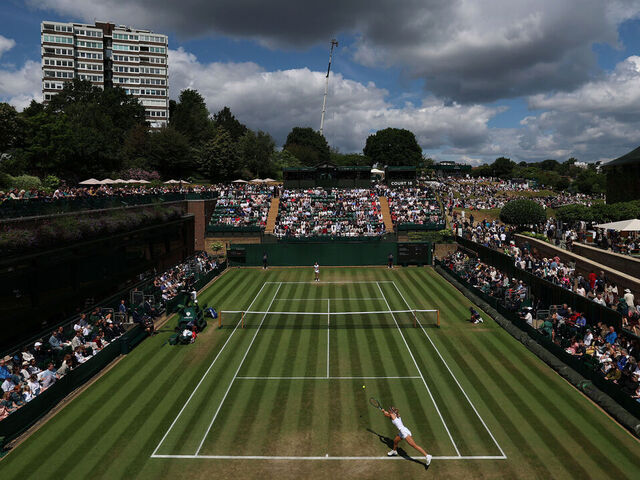 LONDON, ENGLAND - JULY 07: A general view over Court 18 as Hannah Klugman of Great Britain plays a forehand against Anastasija Cvetkovic of Serbia during the Girl's Singles second round match on day eight of The Championships Wimbledon 2025 at All England Lawn Tennis and Croquet Club on July 07, 2025 in London, England.