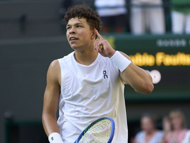LONDON, ENGLAND - JULY 7: Ben Shelton of the United States celebrates winning against Lorenzo Sonego of Italy after the Gentlemen's Singles fourth round match on Number One Court on day eight of The Championships Wimbledon 2025 at All England Lawn Tennis and Croquet Club on July 7, 2025 in London, England.