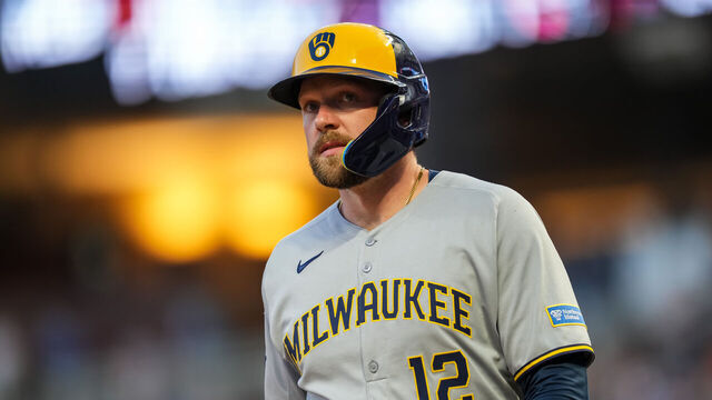 MINNEAPOLIS, MN - JUNE 20: Rhys Hoskins #12 of the Milwaukee Brewers looks on against the Minnesota Twins on June 20, 2025 at Target Field in Minneapolis, Minnesota.