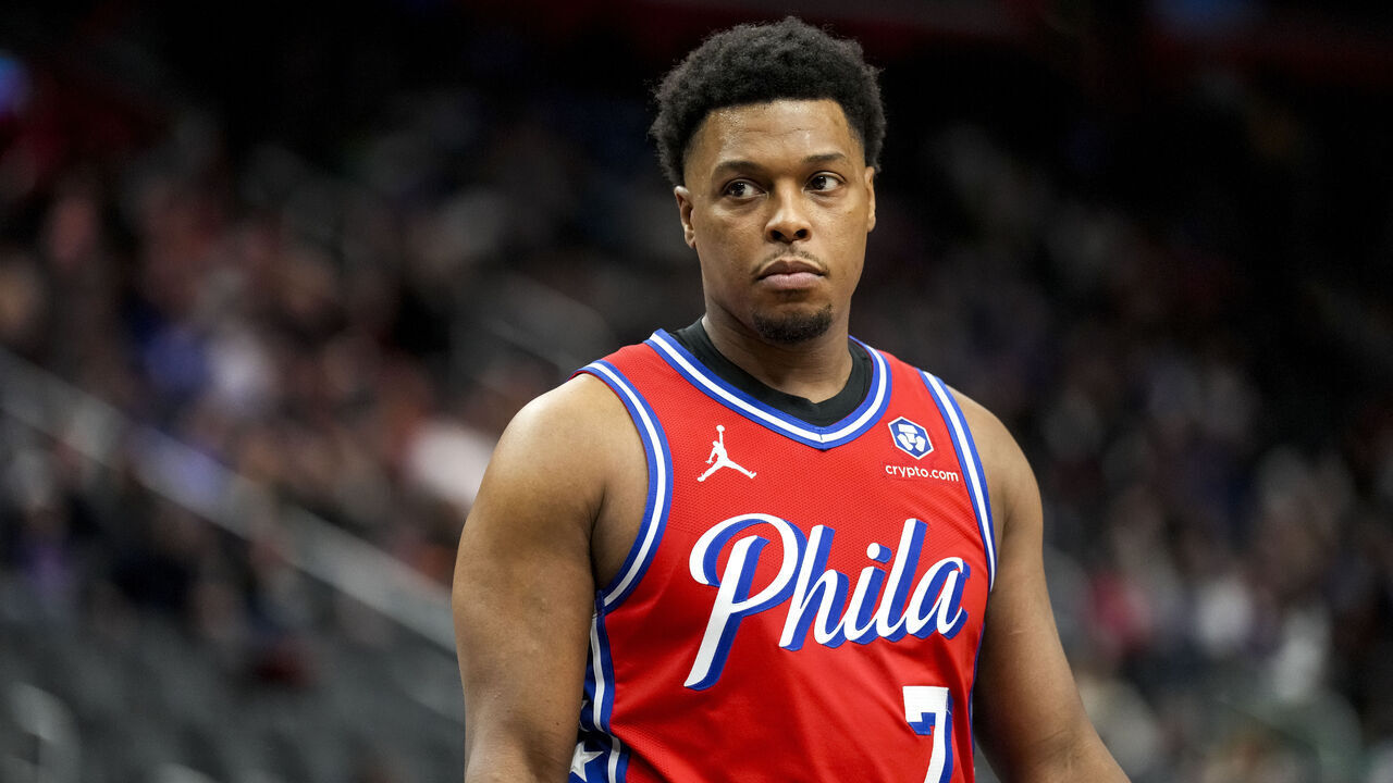 DETROIT, MICHIGAN - FEBRUARY 07: Kyle Lowry #7 of the Philadelphia 76ers looks on against the Detroit Pistons at Little Caesars Arena on February 07, 2025 in Detroit, Michigan.