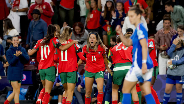 GENEVA, SWITZERLAND - JULY 7: Dolores Silva of Portugal Women celebrates the second goal 1-1 with Jessica Silva of Portugal Women , Tatiana Pinto of Portugal Women during the EURO Women match between Portugal Women v Italy Women at the Stade de Geneve on July 7, 2025 in Geneva Switzerland