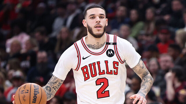 CHICAGO, ILLINOIS - FEBRUARY 28: Lonzo Ball #2 of the Chicago Bulls dribbles the ball during a game against the Toronto Raptors at the United Center on February 28, 2025 in Chicago, Illinois.