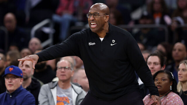 NEW YORK, NEW YORK - APRIL 04: Head coach Mike Brown of the Sacramento Kings reacts during the first half against the New York Knicks at Madison Square Garden on April 04, 2024 in New York City. NOTE TO USER: User expressly acknowledges and agrees that, by downloading and/or using this Photograph, user is consenting to the terms and conditions of the Getty Images License Agreement.