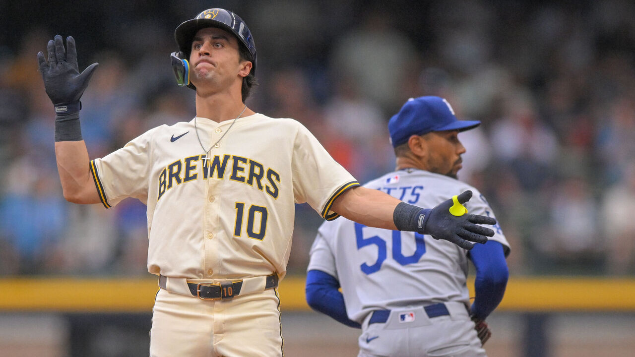 MILWAUKEE, WI - JULY 07: Milwaukee Brewers outfielder Sal Frelick (10) celebrates his double during the first inning of a MLB game between the Milwaukee Brewers and Los Angeles Dodgers on July 7, 2025, at American Family Field in Milwaukee, WI.