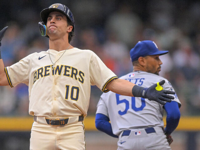 MILWAUKEE, WI - JULY 07: Milwaukee Brewers outfielder Sal Frelick (10) celebrates his double during the first inning of a MLB game between the Milwaukee Brewers and Los Angeles Dodgers on July 7, 2025, at American Family Field in Milwaukee, WI.