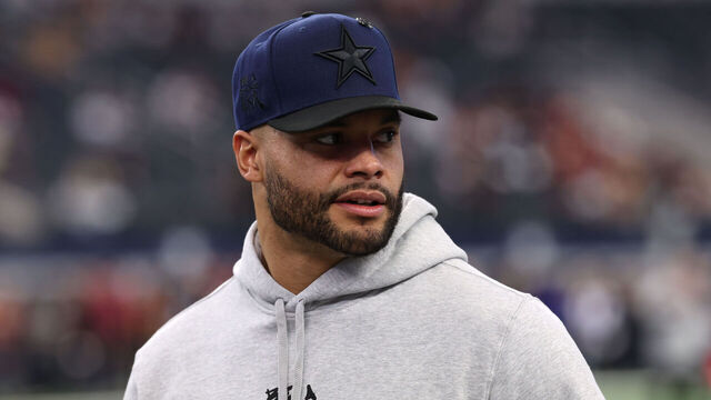 ARLINGTON, TEXAS - JANUARY 05: Dak Prescott #4 of the Dallas Cowboys looks on prior to the game against the Washington Commanders at AT&T Stadium on January 05, 2025 in Arlington, Texas.