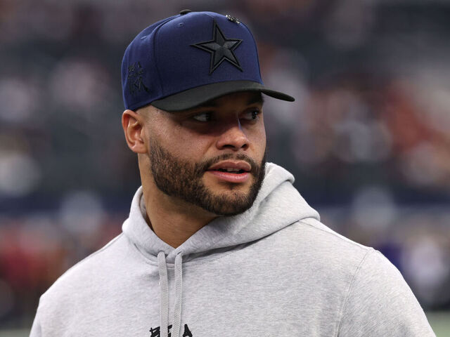 ARLINGTON, TEXAS - JANUARY 05: Dak Prescott #4 of the Dallas Cowboys looks on prior to the game against the Washington Commanders at AT&T Stadium on January 05, 2025 in Arlington, Texas.