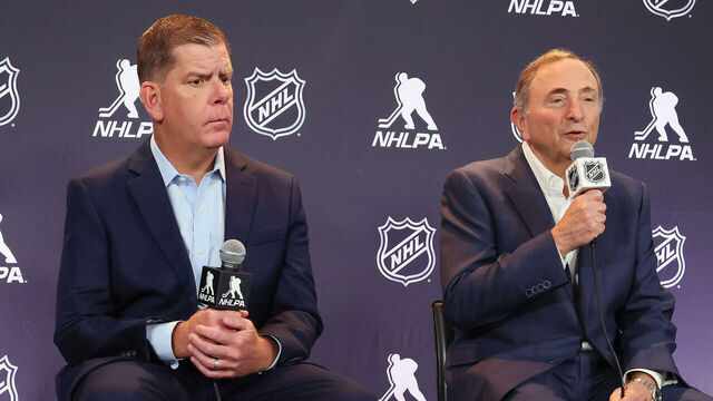 LOS ANGELES, CALIFORNIA - JUNE 27: (l-r) Marty Walsh of the NHLPA along with Gary Bettman of the NHL announce a tentative CBA agreement at Peacock Theater on June 27, 2025 in Los Angeles, California.