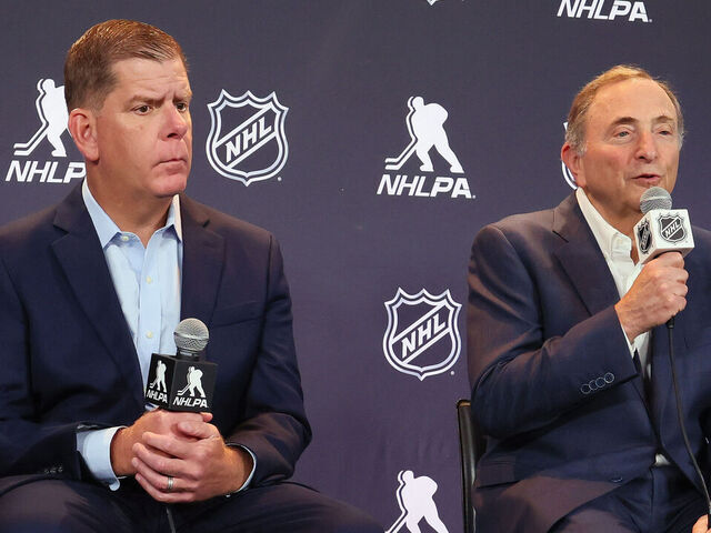 LOS ANGELES, CALIFORNIA - JUNE 27: (l-r) Marty Walsh of the NHLPA along with Gary Bettman of the NHL announce a tentative CBA agreement at Peacock Theater on June 27, 2025 in Los Angeles, California.