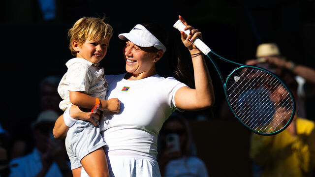 LONDON, ENGLAND - JULY 08: Amanda Anisimova of the United States celebrates with nephew Jackson after defeating Anastasia Pavlyuchenkova in the quarter-final on Day Nine of The Championships Wimbledon 2025 at All England Lawn Tennis and Croquet Club on July 08, 2025 in London, England