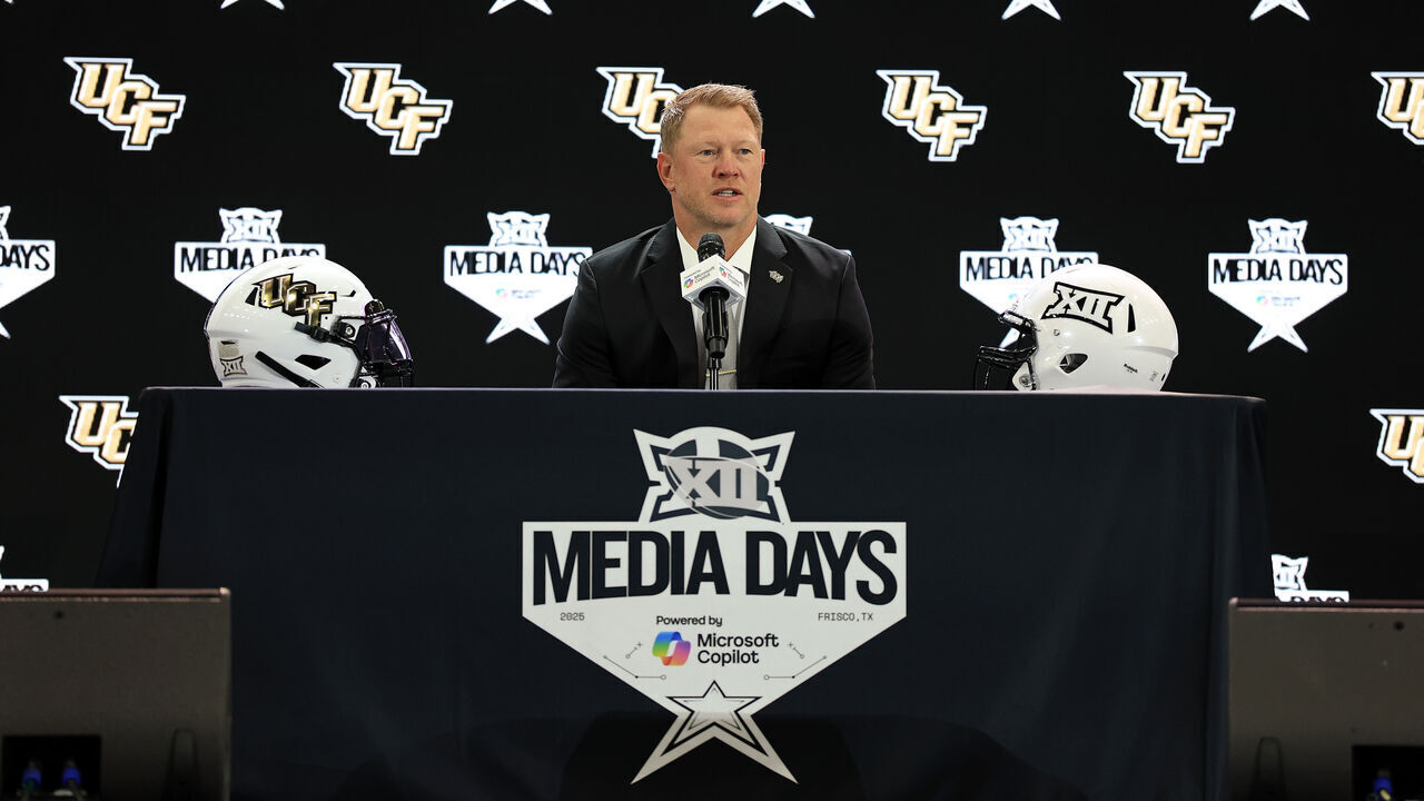 FRISCO, TEXAS - JULY 08: Head coach Scott Frost of the UCF Knights speaks with the media during the Big 12 Media Days at The Ford Center at The Star on July 08, 2025 in Frisco, Texas.