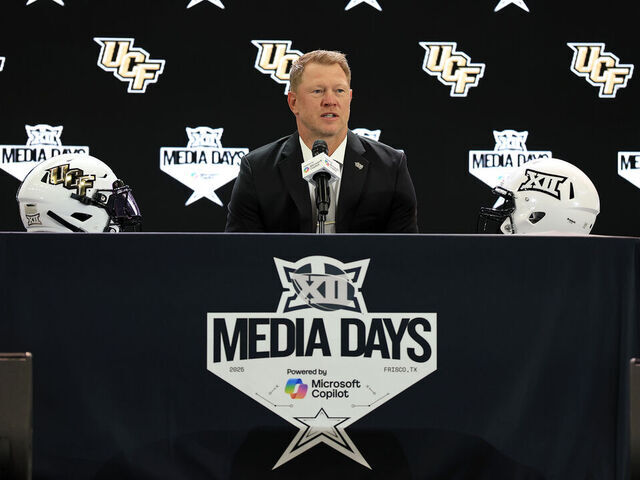 FRISCO, TEXAS - JULY 08: Head coach Scott Frost of the UCF Knights speaks with the media during the Big 12 Media Days at The Ford Center at The Star on July 08, 2025 in Frisco, Texas.