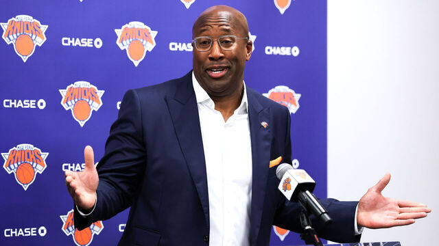 TARRYTOWN, NEW YORK - JULY 08: Head coach of Mike Brown of the New York Knicks speaks to media during his introductory press conference at Knicks Training Facility on July 08, 2025 in Tarrytown, New York.