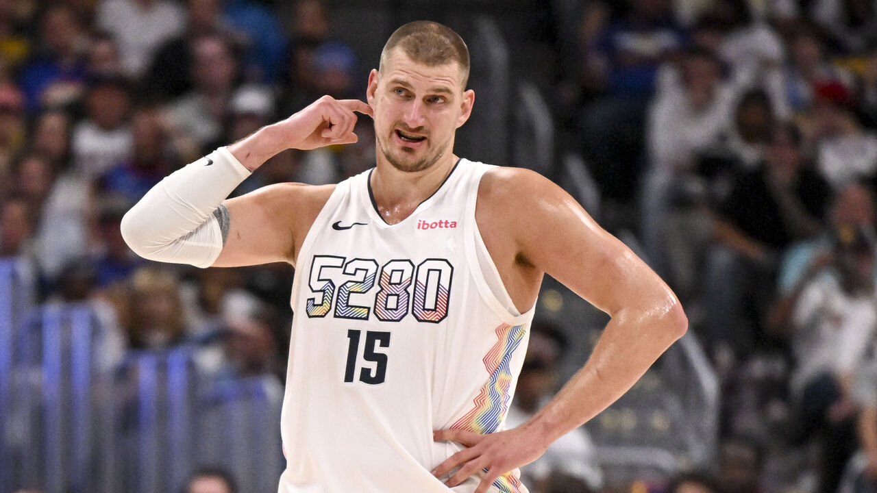 DENVER, CO - MAY 15: Nikola Jokic (15) of the Denver Nuggets scratches his neck during the third quarter of the Nuggets' 119-107 win over the Oklahoma City Thunder at Ball Arena in Denver, Colorado on Thursday, May 15, 2025. The Nuggets forced a game seven in their Western Conference semifinal on Sunday at Oklahoma City.