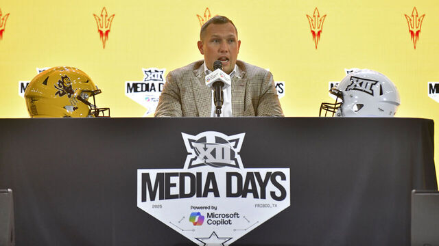 FRISCO, TX - JULY 08: Arizona State Sun Devils coach Kenny Dillingham talks during day one of Big 12 Media Days on Tuesday, July 08, 2025 at the Ford Center at The Star in Frisco, TX.
