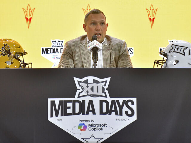 FRISCO, TX - JULY 08: Arizona State Sun Devils coach Kenny Dillingham talks during day one of Big 12 Media Days on Tuesday, July 08, 2025 at the Ford Center at The Star in Frisco, TX.