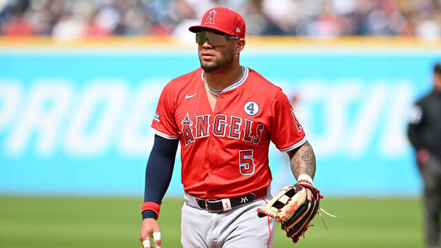 CLEVELAND, OHIO - JUNE 01: Yoán Moncada #5 of the Los Angeles Angels looks on during the seventh inning against the Cleveland Guardians at Progressive Field on June 01, 2025 in Cleveland, Ohio.