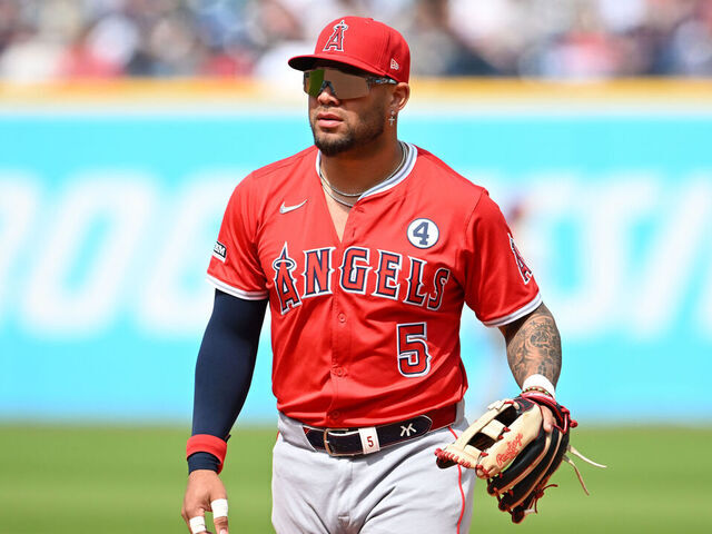 CLEVELAND, OHIO - JUNE 01: Yoán Moncada #5 of the Los Angeles Angels looks on during the seventh inning against the Cleveland Guardians at Progressive Field on June 01, 2025 in Cleveland, Ohio.