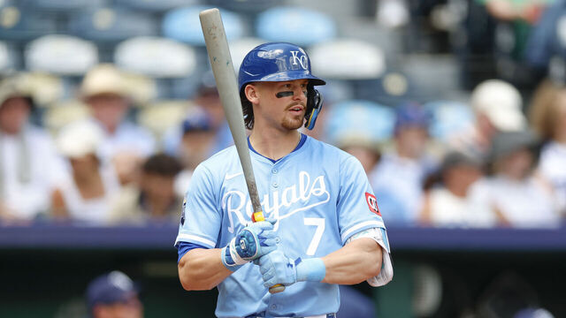 KANSAS CITY, MISSOURI - JUNE 26: Bobby Witt Jr. #7 of the Kansas City Royals stands in the batter's box in the first inning during a game against the Tampa Bay Rays at Kauffman Stadium on June 26, 2025 in Kansas City, Missouri.