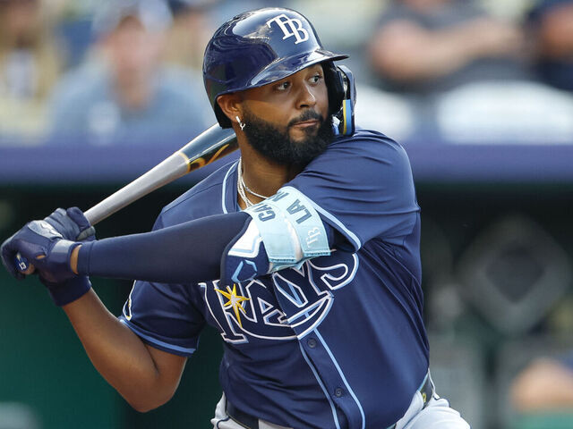 KANSAS CITY, MISSOURI - JUNE 25: Junior Caminero #13 of the Tampa Bay Rays swings the bat in the first inning during a game against the Kansas City Royals at Kauffman Stadium on June 25, 2025 in Kansas City, Missouri.