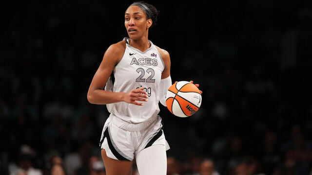 BROOKLYN, NY - JULY 8: A'ja Wilson #22 of the Las Vegas Aces dribbles the ball during the game against the New York Liberty during a WNBA game on July 8, 2025 at Barclays Center Arena in Brooklyn, New York. Mandatory Copyright Notice: Copyright 2025 NBAE