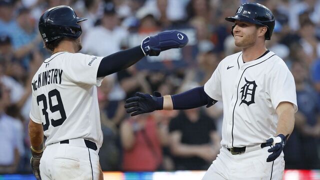 DETROIT, MI - JULY 8: Colt Keith #33 of the Detroit Tigers celebrates with Zach McKinstry #39 of the Detroit Tigers after hitting a two-run home run against the Tampa Bay Rays during the seventh inning at Comerica Park on July 8, 2025 in Detroit, Michigan.
