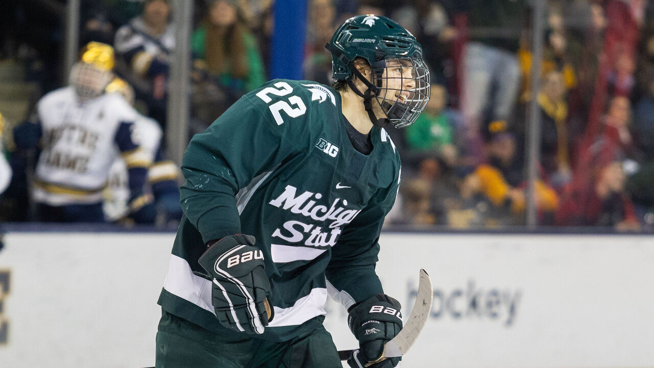SOUTH BEND, IN - FEBRUARY 2: Isaac Howard #22 of Michigan State is all smiles after scoring a goal during a game between Michigan State University and University of Notre Dame at Compton Family Ice Arena on February 2, 2024 in South Bend, Indiana.