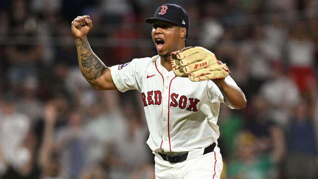 BOSTON, MASSACHUSETTS - JULY 08: Brayan Bello #66 of the Boston Red Sox reacts after pitching a complete game against the Colorado Rockies at Fenway Park on July 08, 2025 in Boston, Massachusetts.
