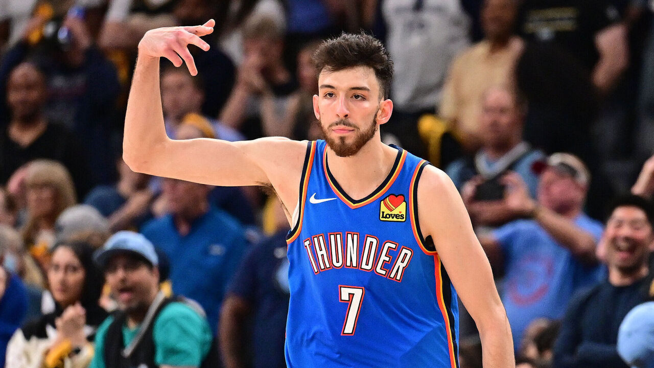 MEMPHIS, TN - APRIL 24: Chet Holmgren #7 of the Oklahoma City Thunder celebrates during the game against the Memphis Grizzlies during Round One Game Three of the 2025 NBA Playoffs on April 24, 2025 at FedExForum in Memphis, Tennessee. Mandatory Copyright Notice: Copyright 2025 NBAE