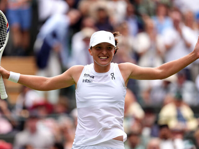 Iga Swiatek celebrates victory over Liudmila Samsonova following their Ladies' Singles match on day ten of the 2025 Wimbledon Championships at the All England Lawn Tennis and Croquet Club, London. Picture date: Wednesday July 9, 2025.
