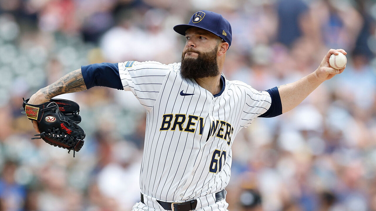 MILWAUKEE, WISCONSIN - JULY 13: Dallas Keuchel #60 of the Milwaukee Brewers throws a pitch in the first inning against the Washington Nationals at American Family Field on July 13, 2024 in Milwaukee, Wisconsin.