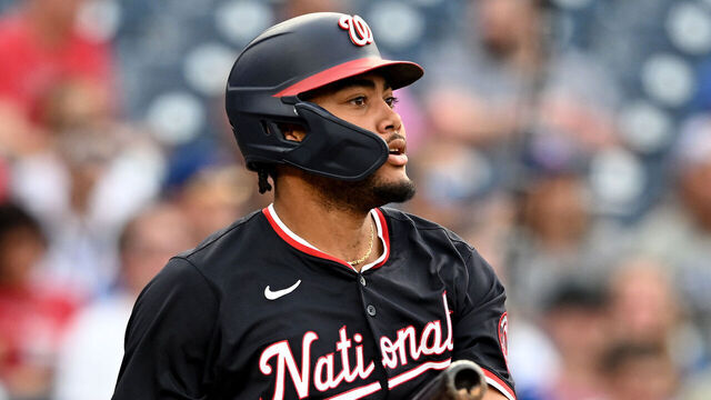 WASHINGTON, DC - JUNE 05: James Wood #29 of the Washington Nationals bats against the Chicago Cubs at Nationals Park on June 05, 2025 in Washington, DC.