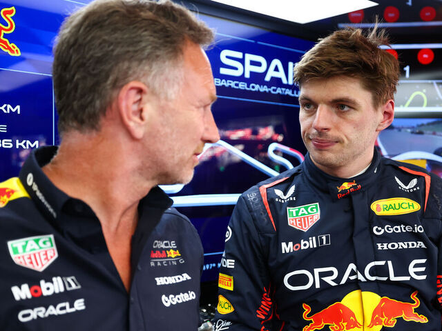 BARCELONA, SPAIN - MAY 30: Christian Horner, Team Principal of Oracle Red Bull Racing and Max Verstappen of the Netherlands and Oracle Red Bull Racing in the garage during practice ahead of the F1 Grand Prix of Spain at Circuit de Barcelona-Catalunya on May 30, 2025 in Barcelona, Spain.
