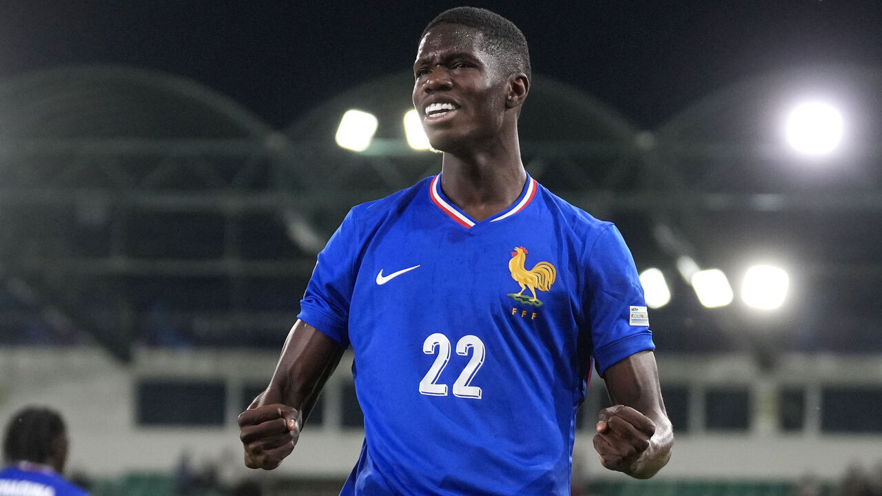 ZILINA, SLOVAKIA - JUNE 14: Thierno Barry of France celebrates after scoring their third side goal that will be disallowed after VAR Review during the UEFA European Under-21 Championship 2025 Group Stage match between France and Georgia at MSK Zilina Stadium on June 14, 2025 in Zilina, Slovakia.