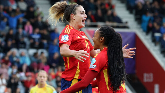 THUN, SWITZERLAND - JULY 07: Alexia Putellas of Spain celebrates scoring her team's sixth goal with teammate Salma Paralluelo during the UEFA Women's EURO 2025 Group B match between Spain and Belgium at Arena Thun on July 07, 2025 in Thun, Switzerland.