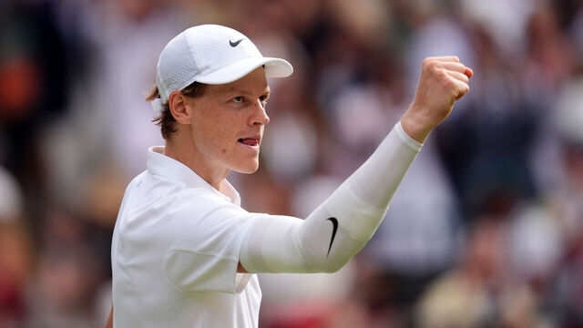Jannik Sinner celebrates his victory over Ben Shelton on day ten of the 2025 Wimbledon Championships at the All England Lawn Tennis and Croquet Club, London. Picture date: Wednesday July 9, 2025.
