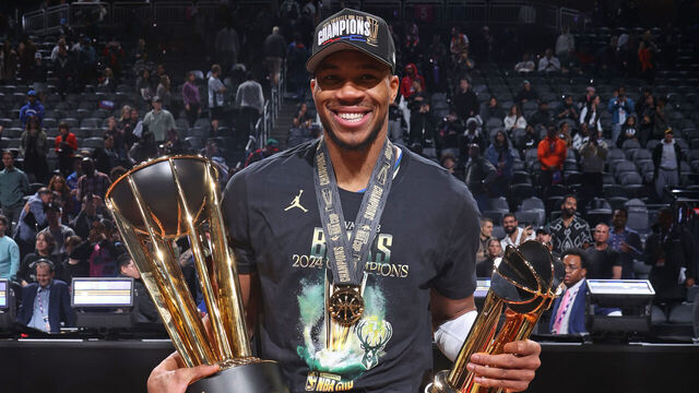 LAS VEGAS, NV - DECEMBER 17: Giannis Antetokounmpo #34 of the Milwaukee Bucks celebrates after the game against the Oklahoma City Thunder during the Emirates NBA Cup Championship game on December 17, 2024 at T-Mobile Arena in Las Vegas, Nevada. NOTE TO USER: User expressly acknowledges and agrees that, by downloading and/or using this Photograph, user is consenting to the terms and conditions of the Getty Images License Agreement. Mandatory Copyright Notice: Copyright 2024 NBAE