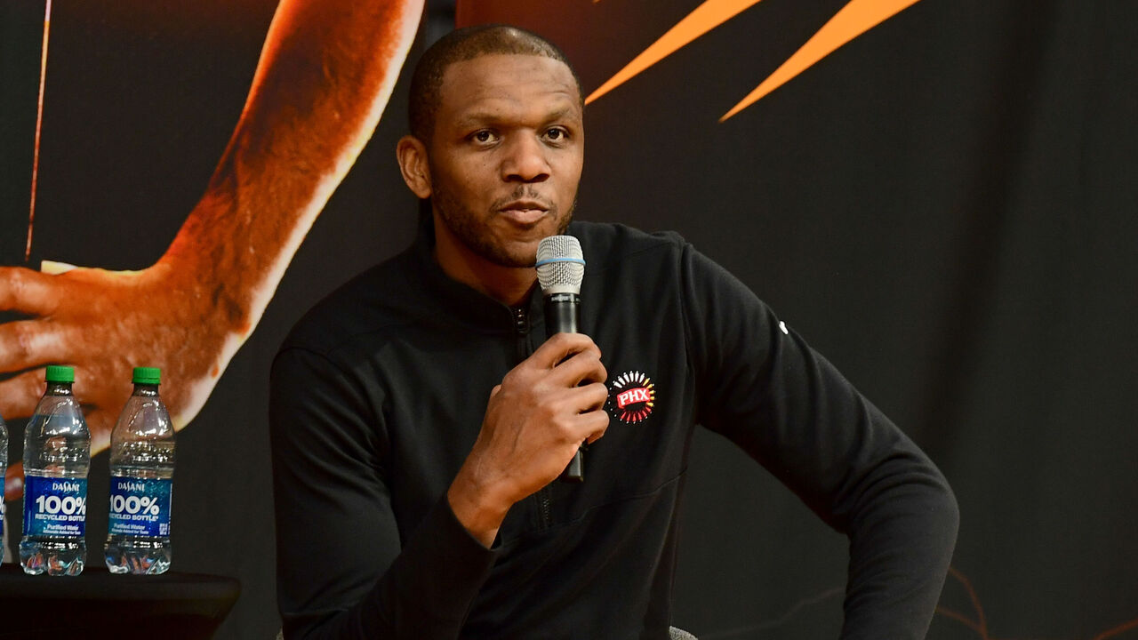 PHOENIX, AZ - FEBRUARY 16: General Manager James Jones of the Phoenix Suns looks on during a press conference introducing Kevin Durant to the Phoenix Suns on February 16, 2022 at Footprint Center in Phoenix, Arizona. Mandatory Copyright Notice: Copyright 2022 NBAE