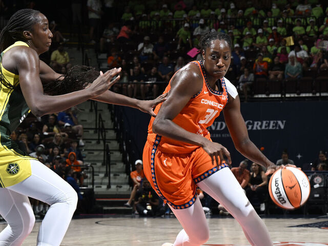 UNCASVILLE, CT - JULY 9: Tina Charles #31 of the Connecticut Sun drives to the basket during the game against the Seattle Stormon July 9, 2025 at the Mohegan Sun Arena in Uncasville, Connecticut. Mandatory Copyright Notice: Copyright 2025 NBAE