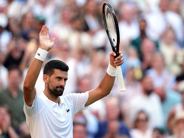 Novak Djokovic celebrates his victory over Flavio Cobolli following their Gentlemen's Singles match on day ten of the 2025 Wimbledon Championships at the All England Lawn Tennis and Croquet Club, London. Picture date: Wednesday July 9, 2025.