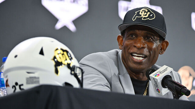 FRISCO, TX - JULY 09: Colorado Buffaloes coach Deion Sanders talks during day two of Big 12 Media Days on Wednesday, July 09, 2025 at the Ford Center at The Star in Frisco, TX.