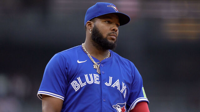 CHICAGO, ILLINOIS - JULY 8: Vladimir Guerrero, Jr #27 of the Toronto Blue Jays looks on in a game against the Chicago White Sox at Rate Field on July 8, 2025 in Chicago, Illinois.